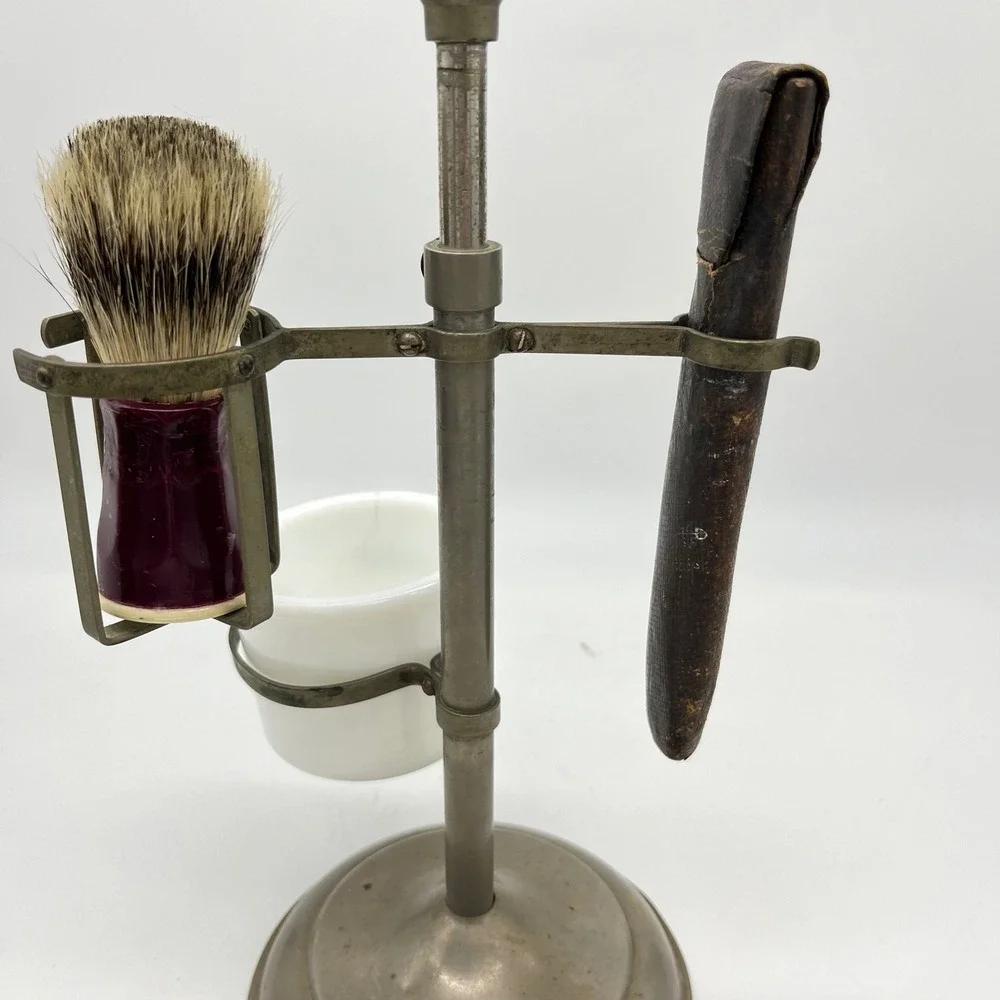 Antique Edwardian‎ Telescoping Brass Shaving Stand Mirror Brush Cup Razor